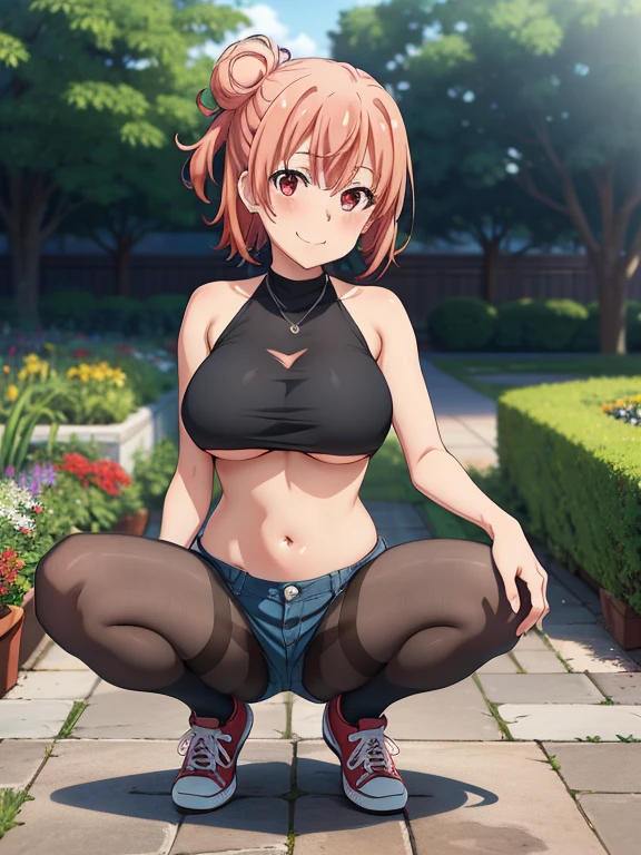 ((masutepiece, Best Quality, hight resolution, nffsw, Perfect Pixel, depth of fields, 4K, )), 1girl in, Solo, , Beautiful anime girl, Beautiful Art Style, 
squatting:1.3, spread legs:1.3, garden background, Looking at viewer,
Perfect body, smile,
Yuigahama Yui, Hair bun, short hair, large breasts, 

Full face blush, short pants:1.2, black pantyhose:1.2, black tank:1.2, red converse:1.2, underboob:1.3, red face, 
straight-on:1.3, medium shot