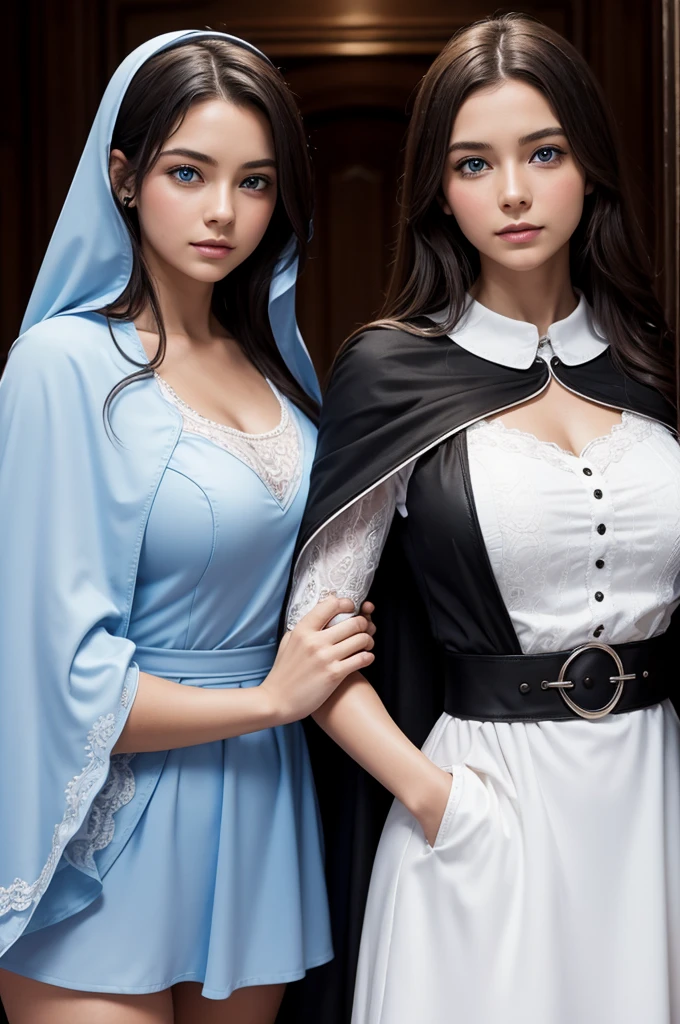 mother 30 years old and daughter , perfect face, detailed face, blue eyes, europeans, casual, detailed face, curvy, white and black, dress with cape background: in house taboo secret incest