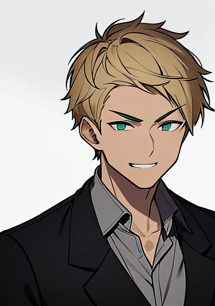 One young Adult male, dark tanned skin, handsome, dirty blonde short hair, green eyes, confident yet kind expression, smug smile, wearing white collared shirt and black jacket, portrait style, facing forwards, plain grey background
