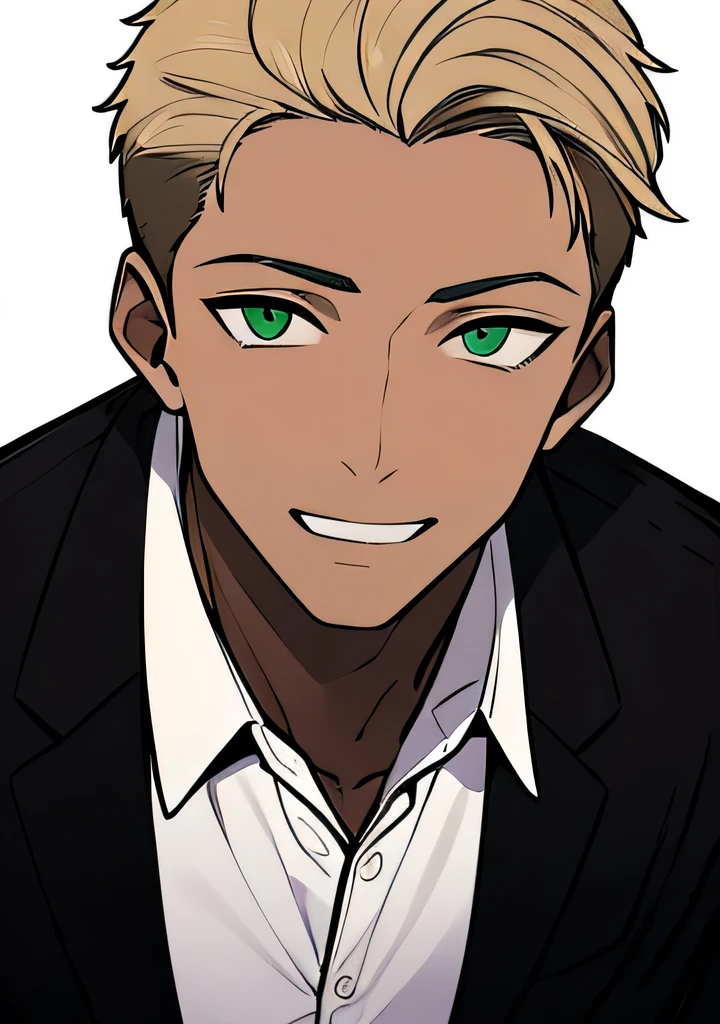 One young Adult male, dark tanned skin, handsome, dirty blonde short hair, green eyes, confident yet kind expression, smug smile, wearing white collared shirt and black jacket, portrait style, facing forwards, plain grey background 
