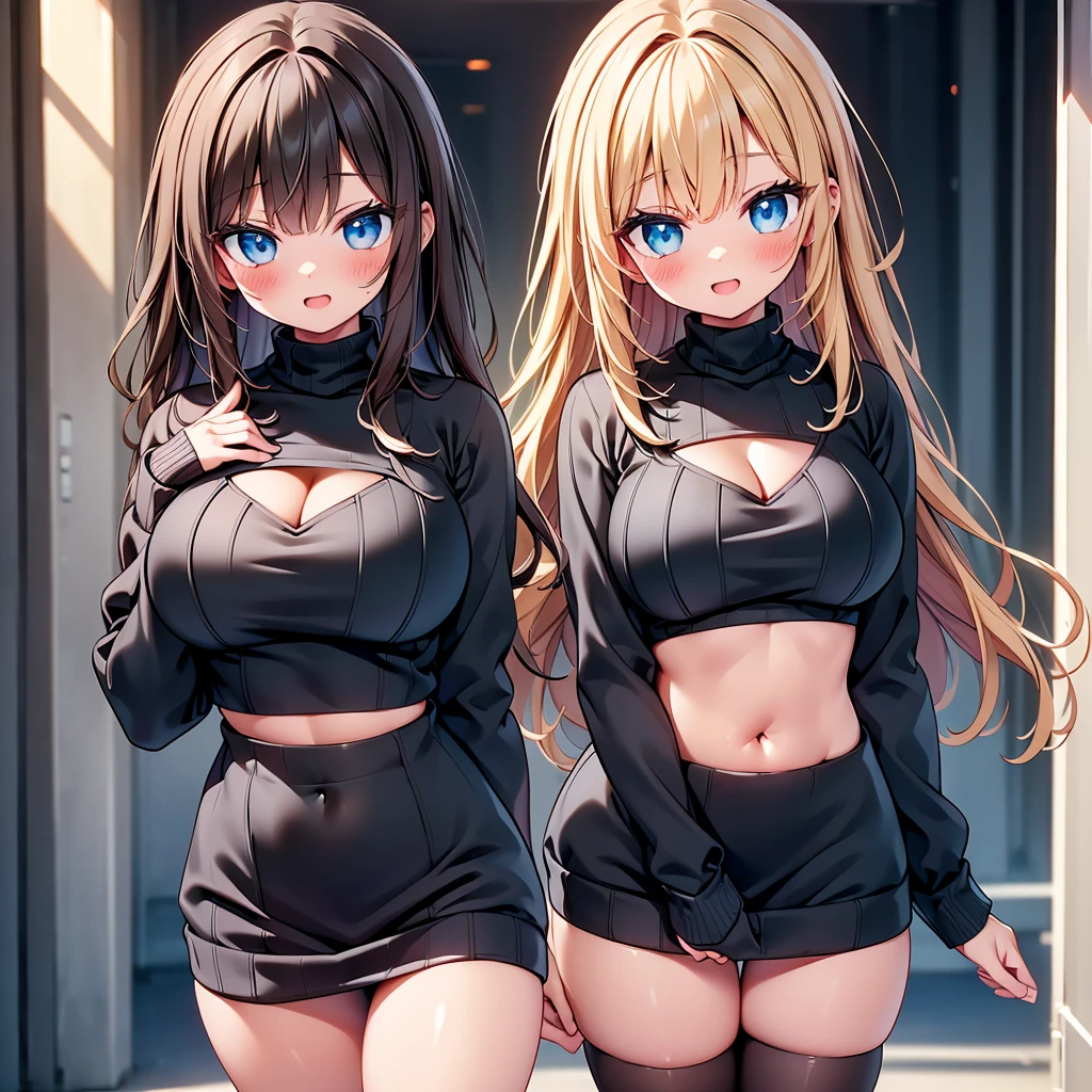(cute eyes:1.2), (sparkling eyes:1.2), highest quality,wonderful,finely,extremely detailed CG Unity 8K wallpaper, 1 girl, single, alone, Beautiful woman、I could see the whole body、 ((Wavy mid-hair, bangs, Brown Hair)), ((Brown eyes, Beautiful eyelashes, Realistic eyes)), ((Detailed face, blush:1.2)), ((Smooth texture:0.75, Realistic texture:0.65, Realistic:1.1, Anime CG Style)), Medium breast, Dynamic Angle, Perfect body, Upper grades、A shy smile, virgin killer sweater, (sweater dress:1.2), (ribbed sweater,sideboob,cleavage cutout, turtleneck sweater,(black sweater:1.4),crop top navel), (huge breasts), (open mouth:1.1), (long tongue:1.1), (mouth drool:1.1), (black stockings:1.1),(Thighs:1.2),(Waistline:1.2),(midriff peek:1.2)