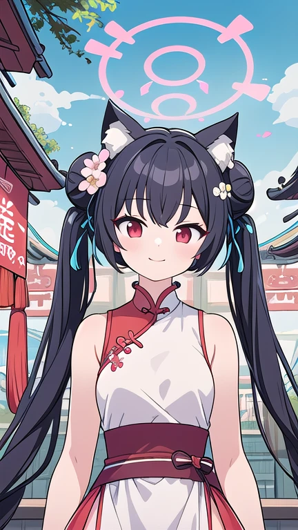 serika_bluearchive,cat ears,one girl with long twintail bun hair, skirtlift,looking at viewer, little smile,pure white chinese dress, flower pattern, sleeveless, outdoor, festival, temple, slim, dizzy, big-chest, wide hips, perfect waist, day atmosphere, hair ornament, standing, upper body,