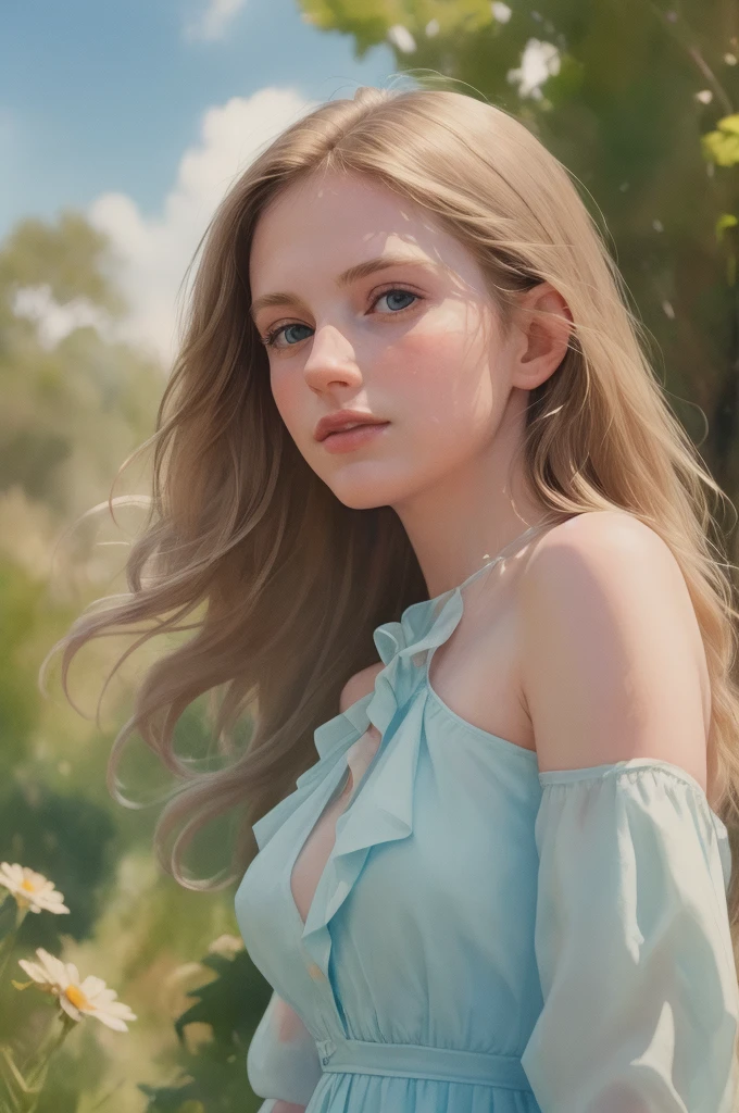 (masterpiece, realistic:1.4), (extremely intricate:1.2)>, close shot ,[Elizabeth II:Maude Adams:0.45] portrait,(upper body:1.2), (( Detail in Face)), (( detail eyes)), (from front:1.3), 1970's dress, backless dress, (long dress:1.2), very long hair, breasts, bare shoulders, sky, ocean, water, looking at viewer, italian, head tilt, wind, cloud, sunlight, outdoor, 1girl, solo, BREAK, cinematic light, ultra high res, 8k uhd, film grain, perfect anatomy, exquisitely detailed skin, best shadow, delicate, RAW,highres,