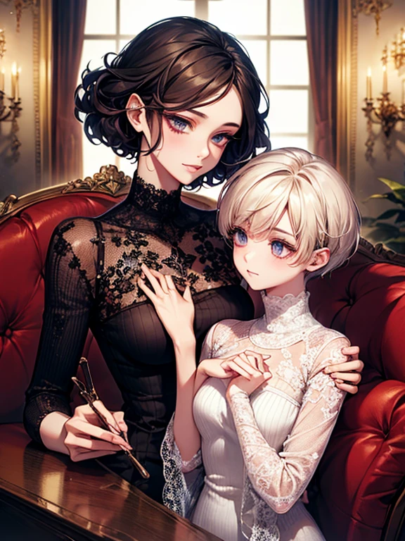 Curly hair、Pixie Cut、Lace high neck long sleeve knit top、Long eyelashes、Beautiful Style、Elegant、luxury、Slender women、