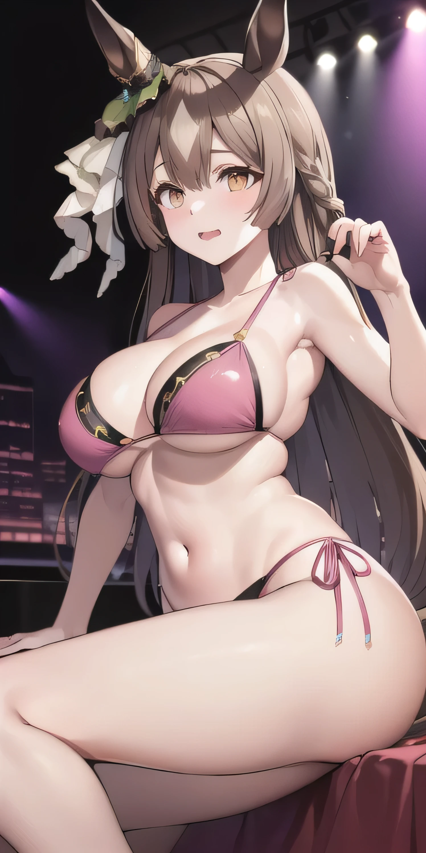 masterpiece, highest quality, close, Face shot, \(Umamusume\),((Dark pink bikini)、sit、Leg spread、semen、Mansuji、On the bed、Low - Angle、(((Grown body、Big Breasts)))、Nightclub、Lewd face、1st from the bottom.3