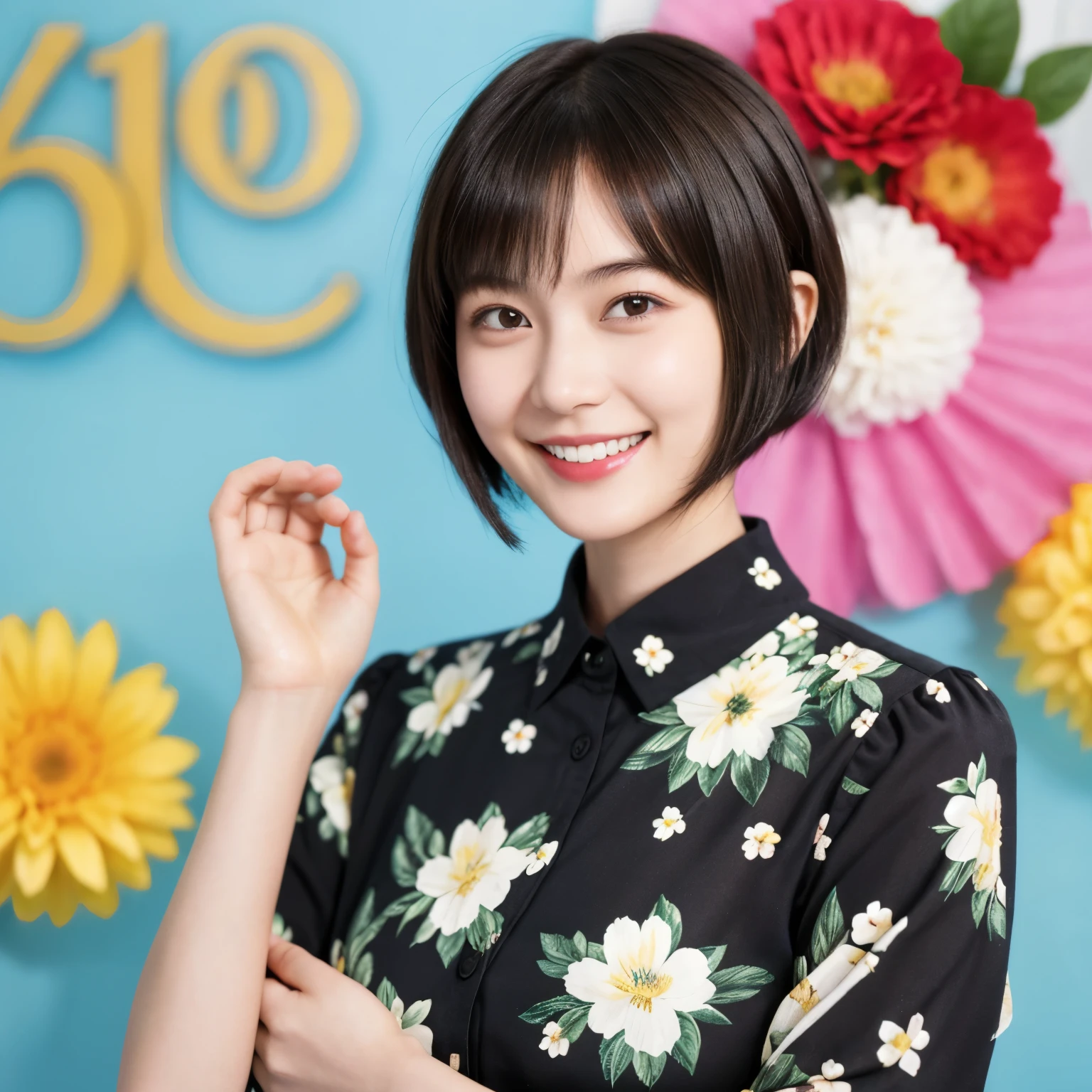 215 Short Hair, 20-year-old woman, A kind smile, Floral