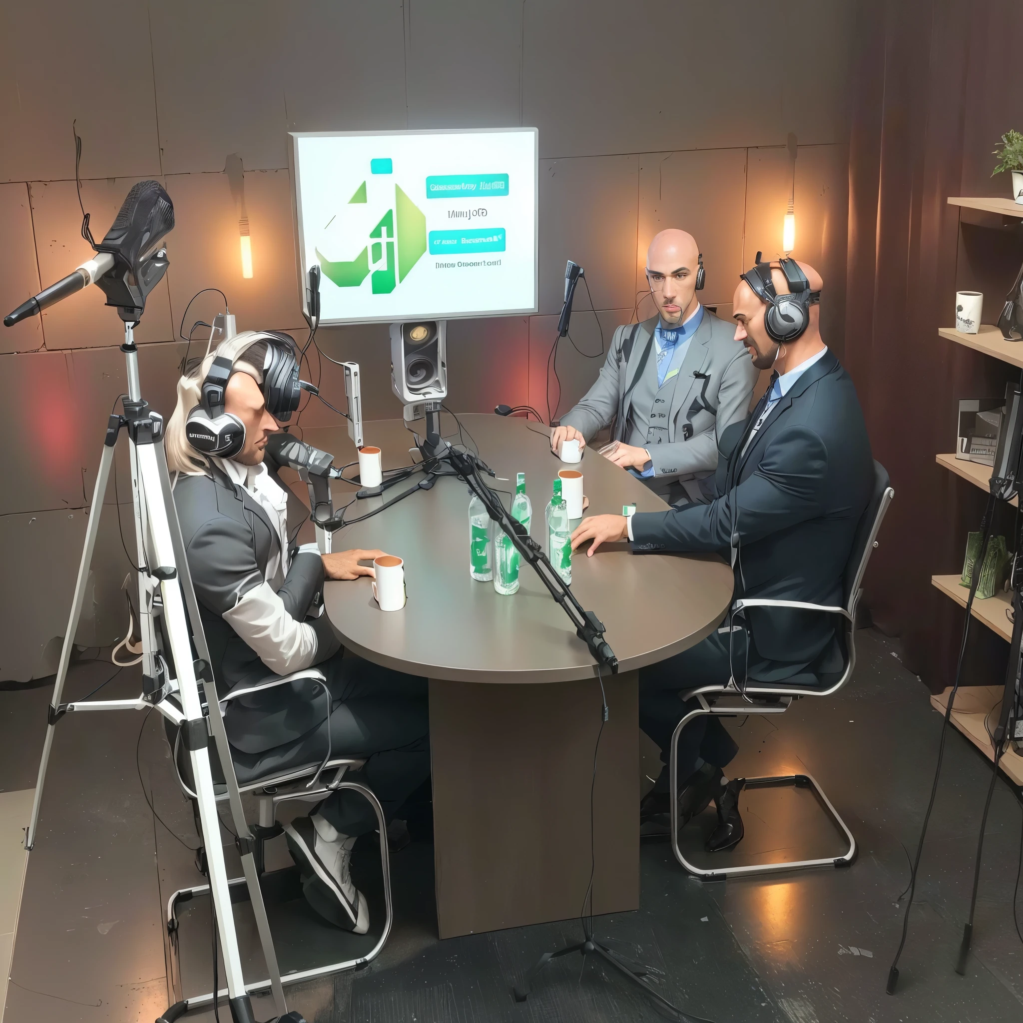 4 pessoas em um mesa de podcast , the man in the gray suit is bald