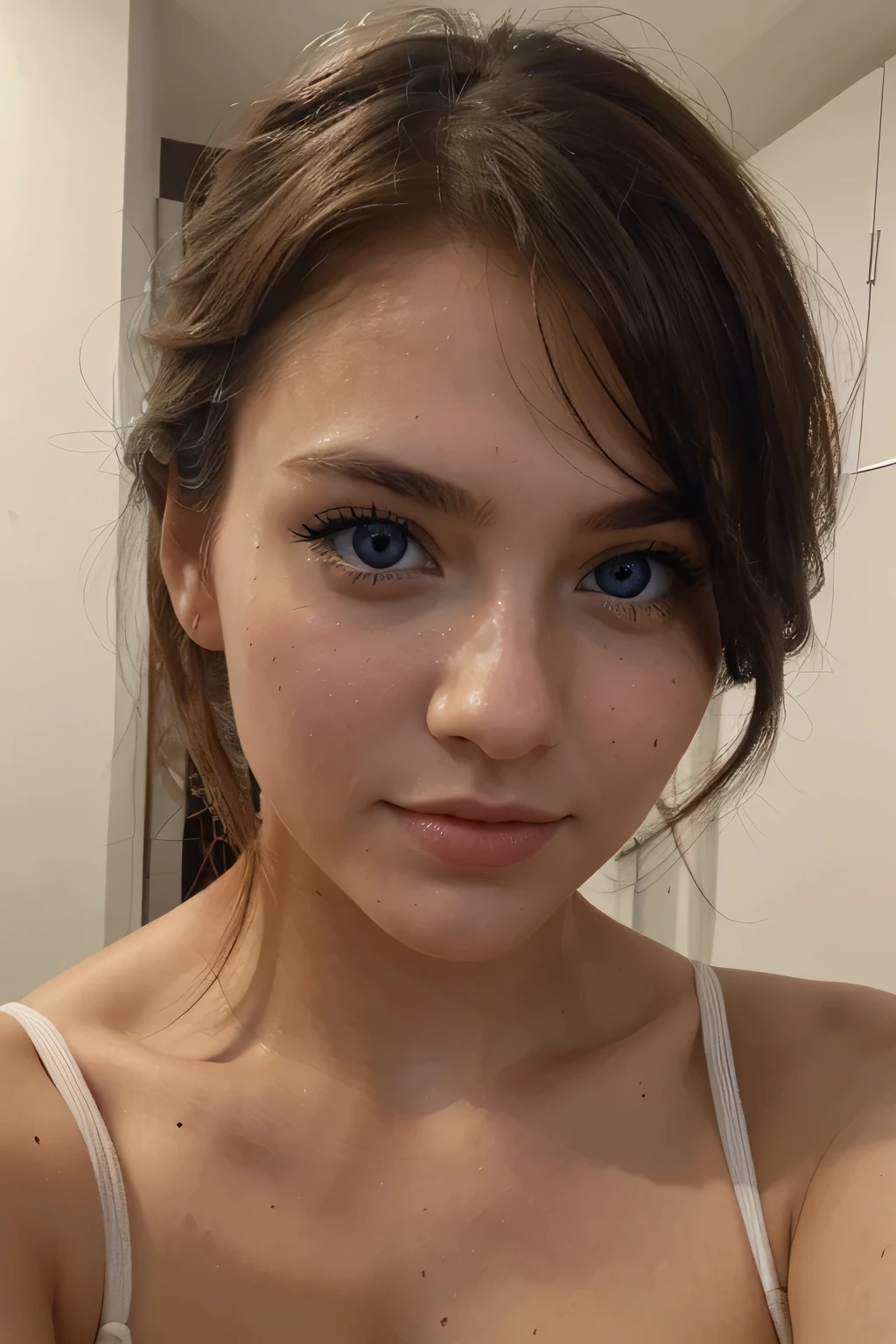a selfie of a pretty young woman with blue eyes, taken with iphone camera