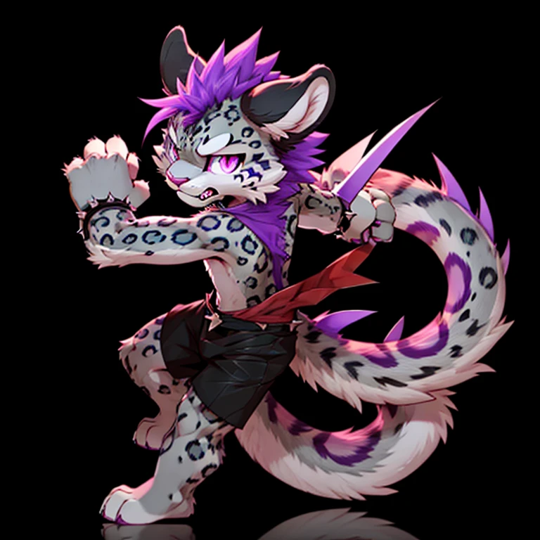 Anthropomorphic male snow leopard, with purple eyes, pink nose, 4 black ears, purple spikes on back, purple horns, a red third eye, no wearing clothes, full body view, in a fighting pose, ready to fight, with an angry, black background, digital art, solo, different views, with spiked tail
