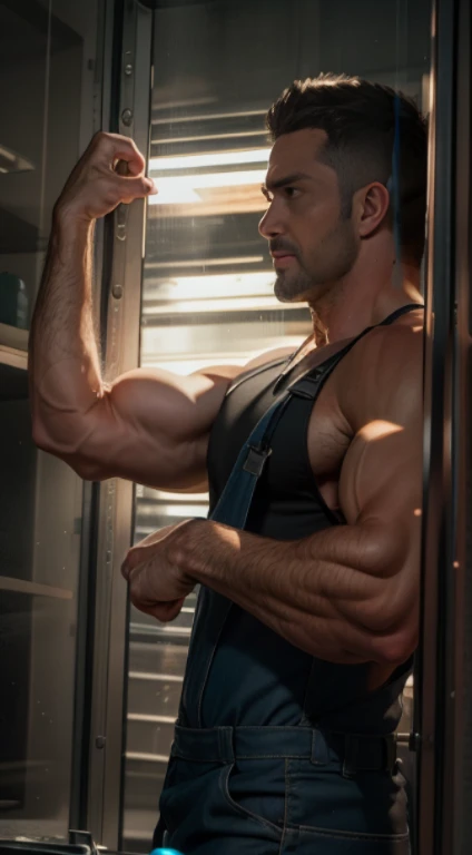 An award-winning original photo,A wild muscular man, (40 years old daddy:1.3), 1boy, Solo, (blue overalls), (black T-shirt), (big tool belt), silver hair, (big shoulders), musculature, stubbles, Short beard, Beautiful eyes:1.3, ), (Detailed face:1.3), wearing glasses, smiles, Dynamic Angle, volumetric lighting, (Best quality, A high resolution, Photorealistic), Cinematic lighting, Masterpiece, RAW photo, Intricate details, hdr, depth of field, upper body
