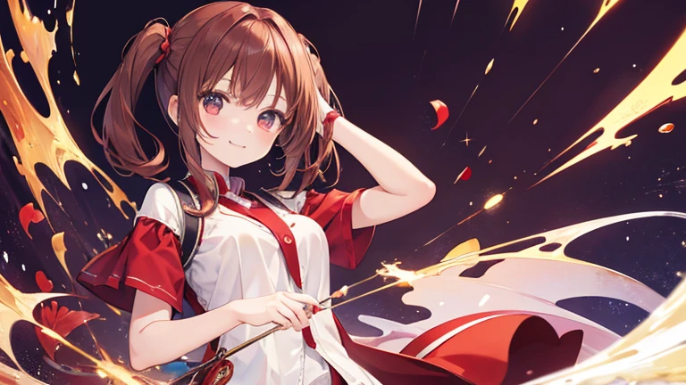 Anime Style,highest quality, masterpiece,Red and brown hair,  iris, smile,Simple Background,One Girl, fluid movement,classical