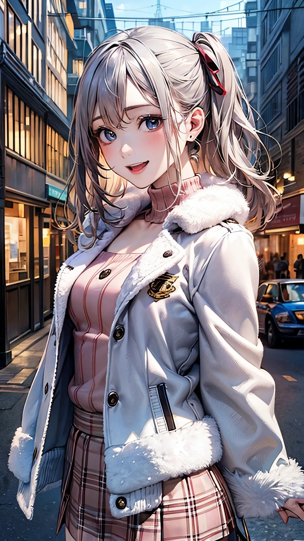 (masterpiece:1.2, top-quality), (realistic, photorealistic:1.4), beautiful illustration, (natural side lighting, movie lighting), nsfw,
looking at viewer, 1 girl, japanese, high school girl, perfect face, cute and symmetrical face, shiny skin,
(middle hair:1.5, (two side up:1.2), silver hair), hair between eyes, big eyes, blue eyes, long eye lasher, (medium breasts), slender, dark red hair ribbon,
beautiful hair, beautiful face, beautiful detailed eyes, beautiful clavicle, beautiful body, beautiful chest, beautiful thigh, beautiful legs, beautiful fingers,
((white fur jacket, pink sweater, burberry check mini skirt)),
(beautiful scenery), evening, (street), standing, outstretched arms, (lovely smile, open mouth),