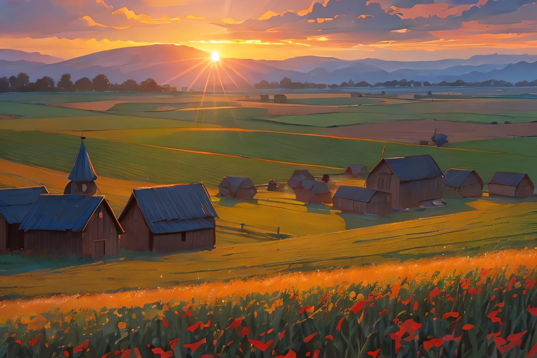 Old Russian village in the field , Manhwa style, dark cloudy sky, sunset field, imaginary flag waving