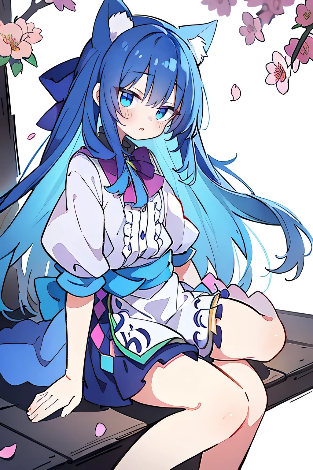 (masterpiece:1.2),ultra-detailed,realistic,expressive eyes,fair-skinned,perfectly shaped face,1girl,
Japanese cartoons,Gorgeous blue hair, flowing blue hair,floating clothes,cat ears,petals falling,beautiful Lola,Hina Angel,
hands on waist,gracefully sitting on the ground,legs crossed,gentle and serene background,cool and comfortable pavilion,shy face ,night .