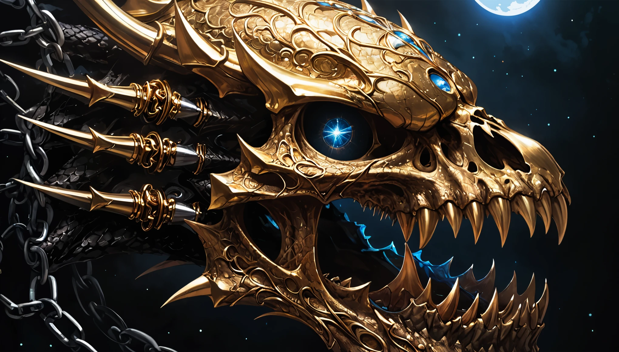 a red skull, dragon portrait, By Rostlan, Benedict Barna, Morel, (((gold jewelry))), (The pupil is composed of a moon-shaped image.:1.8), Miracle, Dark atmosphere, Black Forest, ((Blue Arc)), Characteristics of dragons, Dragon skull, Jewelry accessories, Diffraction spike, photography, Concept Artist, Steel claws, Steel Fang, Electron Link, Metal chains, UHD, masterpiece, ccurate, anatomically correct, textured skin, super detail, high details, high quality, award winning