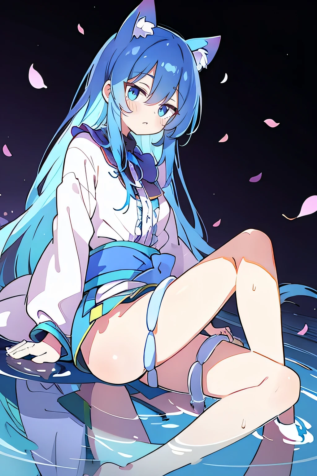 (masterpiece:1.2),ultra-detailed,realistic,expressive eyes,fair-skinned,perfectly shaped face,1girl,
Japanese cartoons,Gorgeous blue hair, flowing blue hair,floating clothes,cat ears,petals falling,beautiful Lola,Hina Angel,
hands on waist,gracefully sitting on the ground,legs crossed,gentle and serene background,cool and comfortable pavilion,shy face ,night .