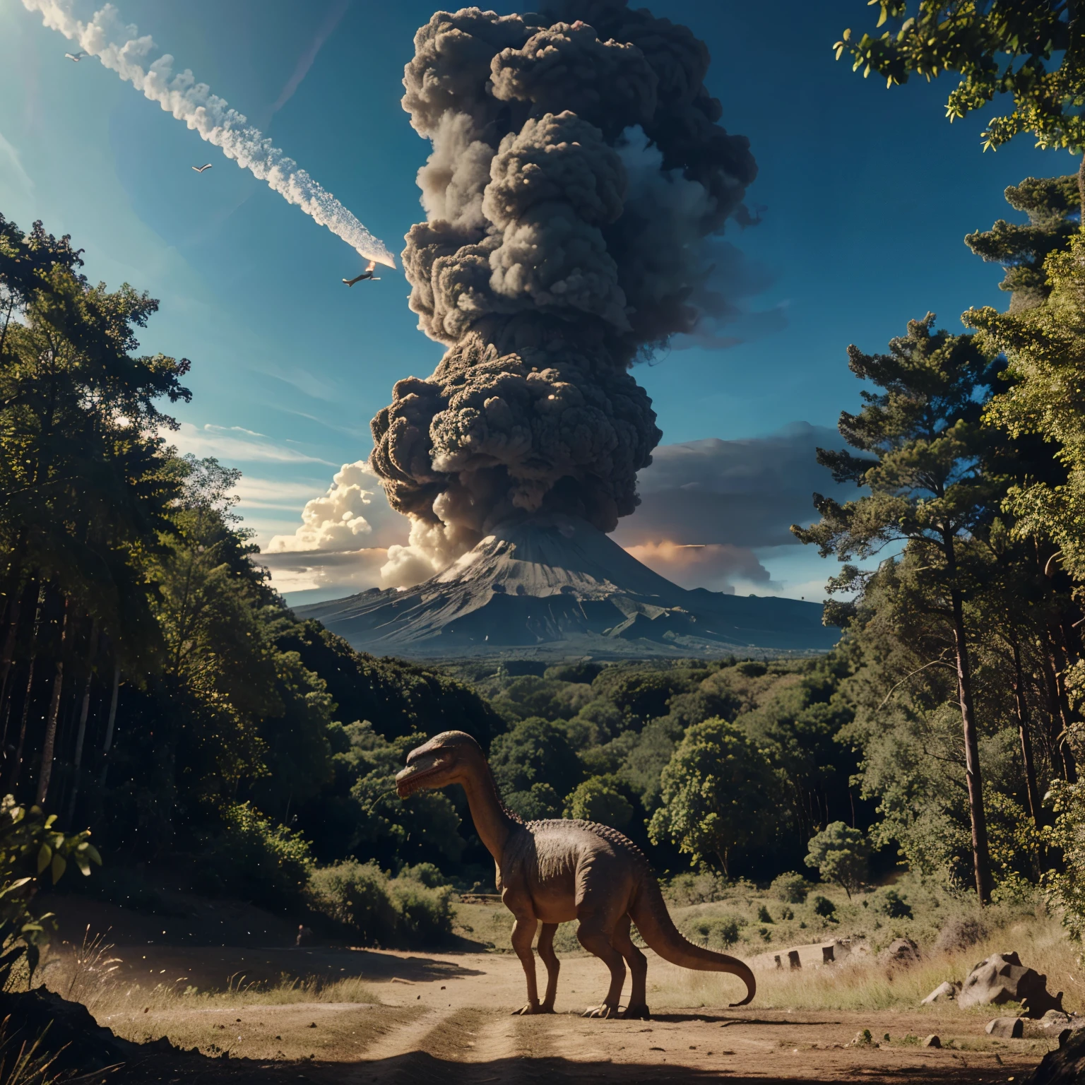 a dinosaur in a forest where there are several animals and birds flying in the sky. Front view of an erupting volcano. cinematic scene