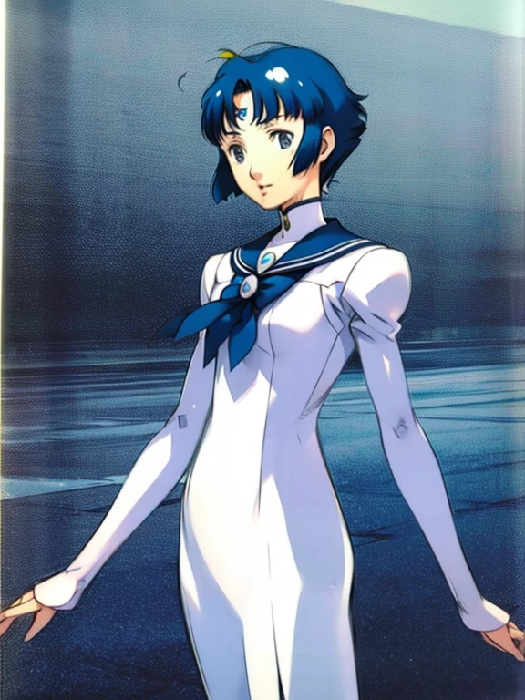 (masterpiece), (highest quality), Realistic, Cinematic Light, Mizuno Ami, Sailor Mercury, stand, Battlefield Background, Perfect body, Blue Hair, uniform