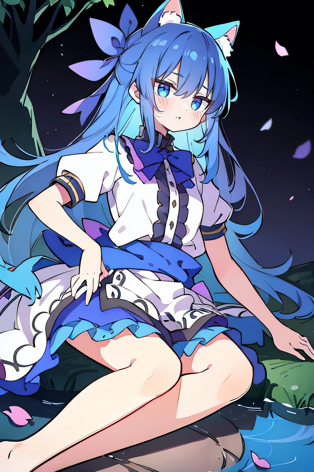(masterpiece:1.2),ultra-detailed,realistic,expressive eyes,fair-skinned,perfectly shaped face,1girl,
Japanese cartoons,Gorgeous blue hair, flowing blue hair,floating clothes,cat ears,petals falling,beautiful Lola,Hina Angel,
hands on waist,gracefully sitting on the ground,legs crossed,gentle and serene background,cool and comfortable pavilion,shy face ,night .