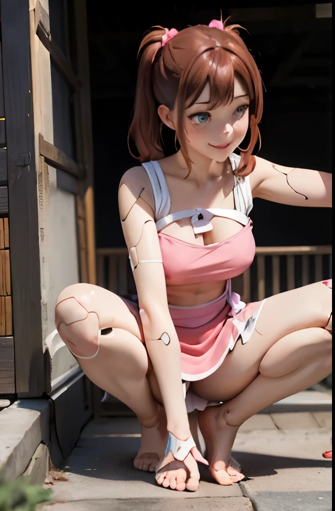 A Female robot is sleeping in bathtub, spread legs, nude, banzai pose. she wears no dress. She Brown short hair is tied with two big red clothespins, She lifts up the under hem of her white plain dress, leaning over, masterpiece, very short pigtails,brown hair, mature, android, blue eyes, full body figure, Height: 160cm, flushed cheeks, 2020s anime picture, A beautiful robot with short brown hair in two short pigtails held up by two very large huge red clothespins, Uplifting, No NSFW, whole body, barefoot, archaic smile, getting orgasm, 25 years old, sweat bucket.