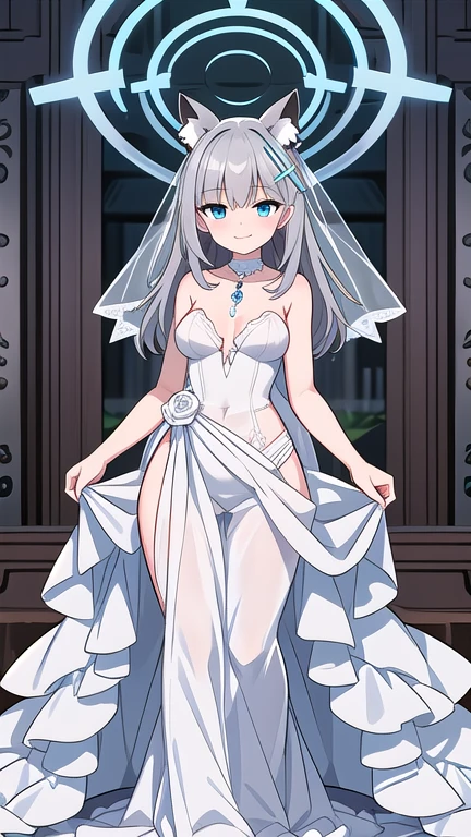 shiroko_bluearchive,beast ears,looking at viewer, little smile,pure white wedding dress, wedding ceremony, slim, dizzy, big-chest, wide hips, perfect waist, day atmosphere, hair ornament, standing, full body,