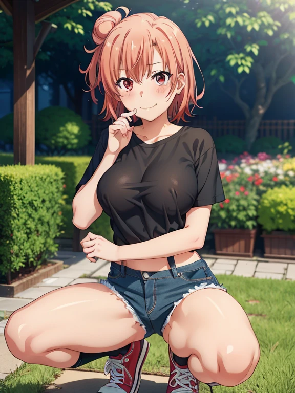 ((masutepiece, Best Quality, hight resolution, nffsw, Perfect Pixel, depth of fields, 4K, )), 1girl in, Solo, , Beautiful anime girl, Beautiful Art Style, 
squatting:1.3, spread legs:1.3, garden background, Looking at viewer,
Perfect body, smile,
Yuigahama Yui, Hair bun, short hair, large breasts, 

Full face blush, short pants:1.2, fishnet stockings:1.4, black tshirt:1.2, red converse:1.2, show nipples:1.3, underboob:1.3, red face, 
straight-on:1.3, medium shot