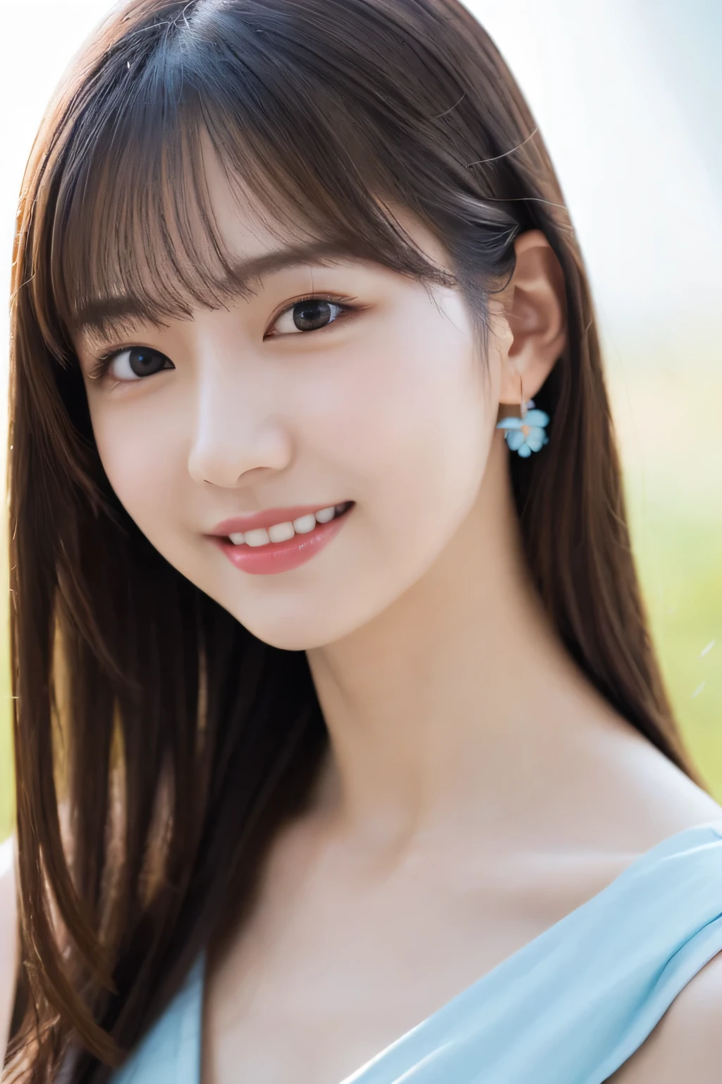 One Girl, (Wear a bright blue dress:1.2), (Beautiful Japanese idol portrait photos),
(Simple background in light colors:1.3),
(RAW Photos, highest quality), (Realistic, photo-Realistic:1.4), masterpiece, 8K Portrait,
Very delicate and beautiful, Very detailed, 2k wallpaper, wonderful, In detail, Very detailed CG unity 8k wallpaper, 
Very detailedな, High resolution, 
Soft Light, Beautiful detailed girl, Very detailed eyes and face, Beautiful and sophisticated nose, Beautiful details,
Cinema Lighting, Perfect Anatomy, 
Slender body, Flat Chest, Semi-long hair, bangs, Bokeh, Dynamic Angle, A light smile,