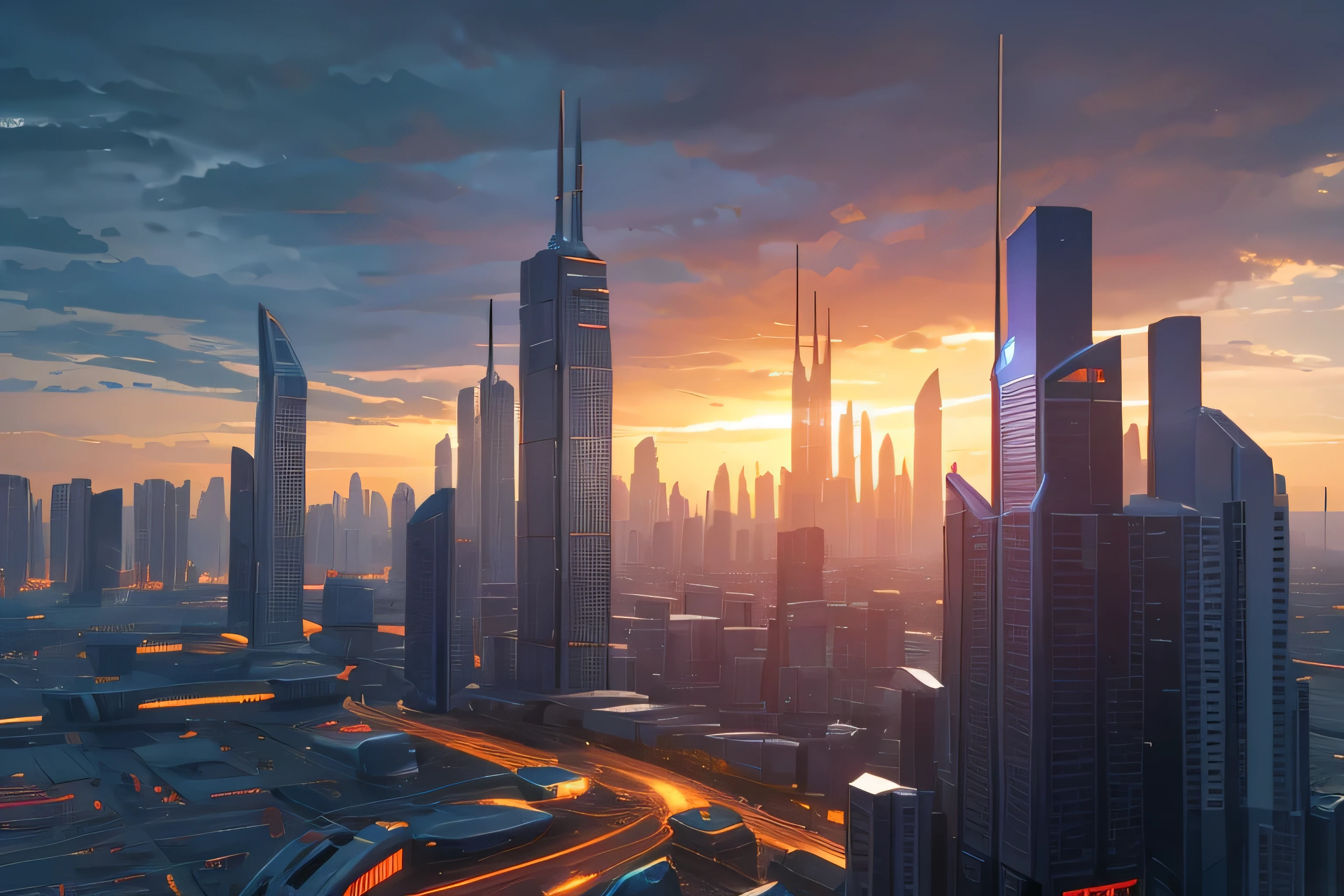 Futuristic nation with huge buildings, Manhwa style, dark cloudy sky, sunset field, imaginary flag waving on the top