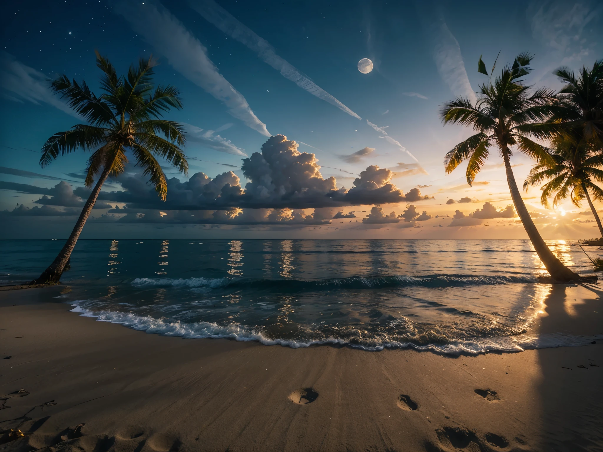 Create a captivating digital artwork depicting a tropical beach landscape at night, bathed in the soft glow of the moonlight. Let the tranquil scene feature palm trees swaying gently in the breeze, silhouetted against the shimmering reflection of the moon on the crystal-clear water.