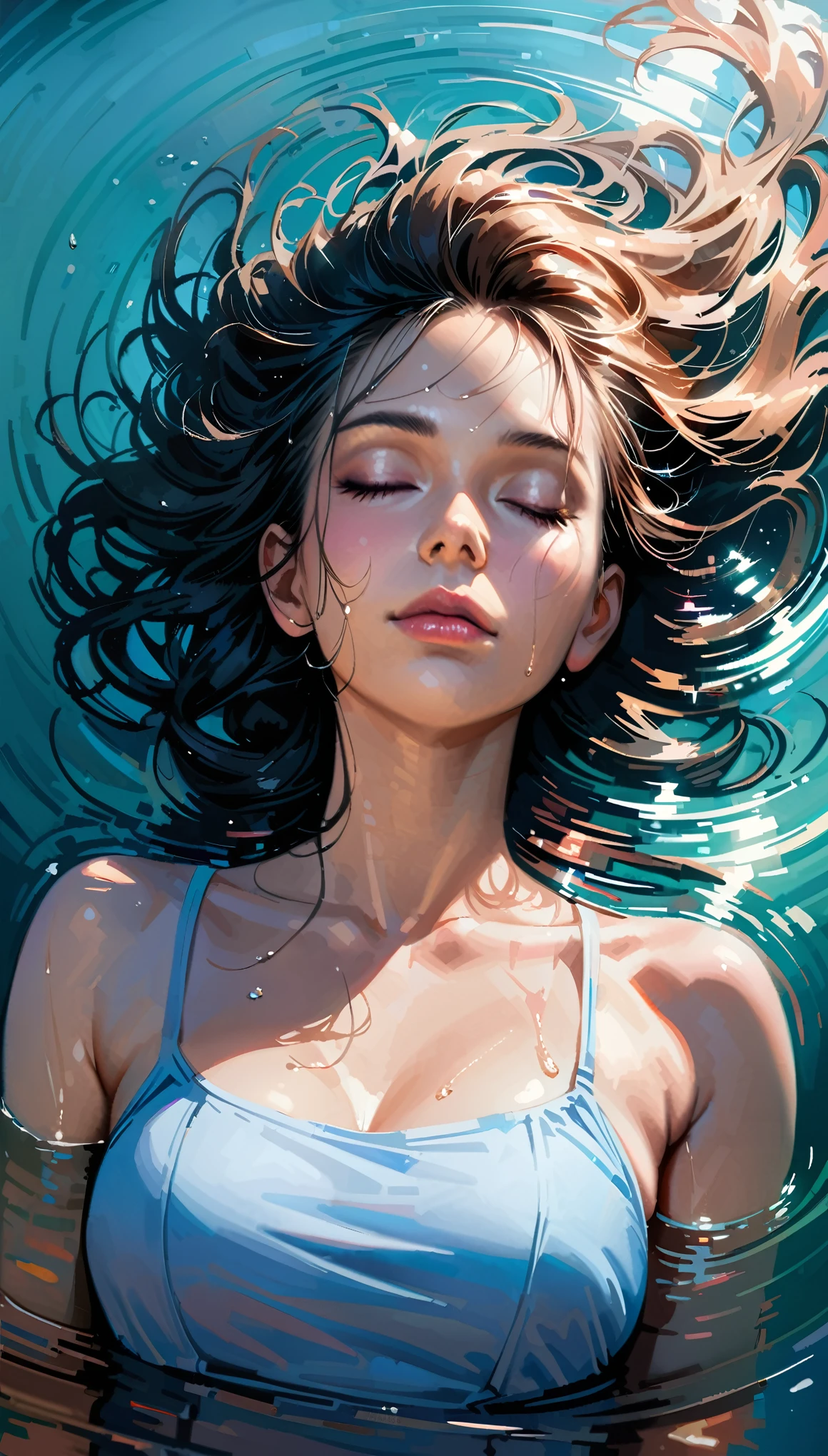 (realistic,photorealistic),(best quality,4k,8k,highres,masterpiece:1.2), (full silhuette), full body portrait of a woman lying on her back on the water and floating on the surface of the water, lies on the surface of the water, head tilted back, wet hair floating on the surface of the water, eyes closed,peace and tranquility,medium:oil painting,soft and gentle brushstrokes,calming blue tones,subtle reflections,dreamlike atmosphere,detailed facial features,long wavy hair flowing,serene expression,gentle ripples on the water,light rays shining through,subtle shimmer and sparkle,slight distortion in the water,harmonious composition
