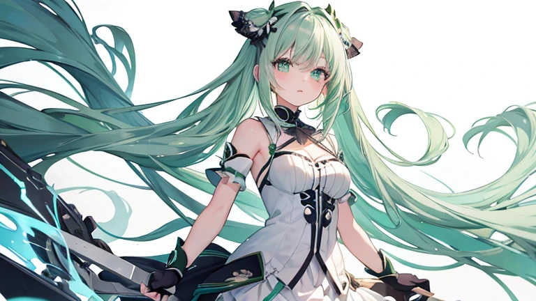 Anime Style,highest quality, masterpiece,Green and white hair, iris,Simple Background,One Girl, fluid movement,classical