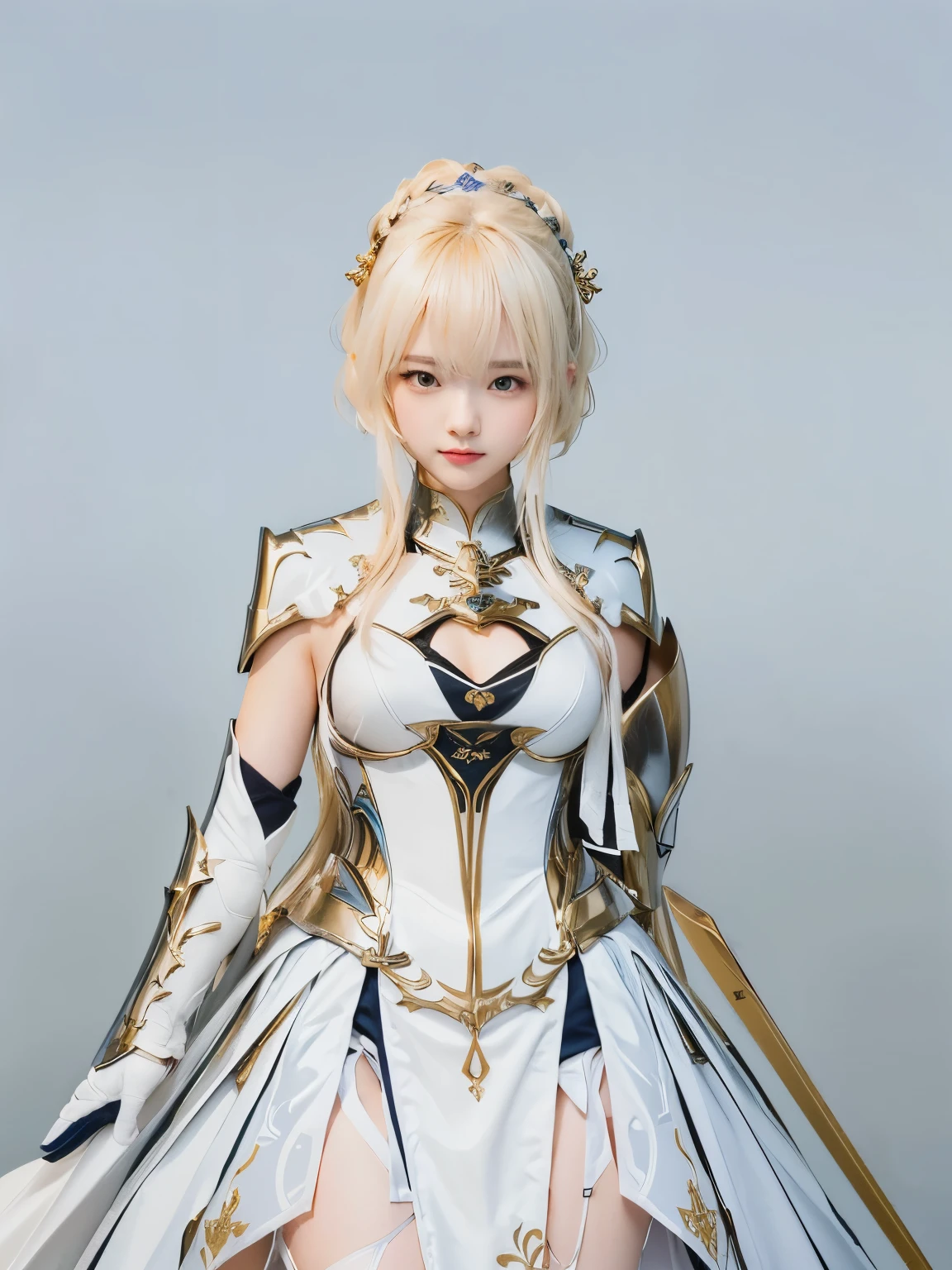 Anime - style image of a woman wearing armor with a sword., ayaka genshin impact, glossy White Armor, ayaka game genshin impact, girl wearing armor, White Armorและสีทองอันประณีต, Artoria Pendragon, Wear light armor., White and gold heavy armor, genshin, White Armor, anime goddess, genshin impact character, detailed White Armor