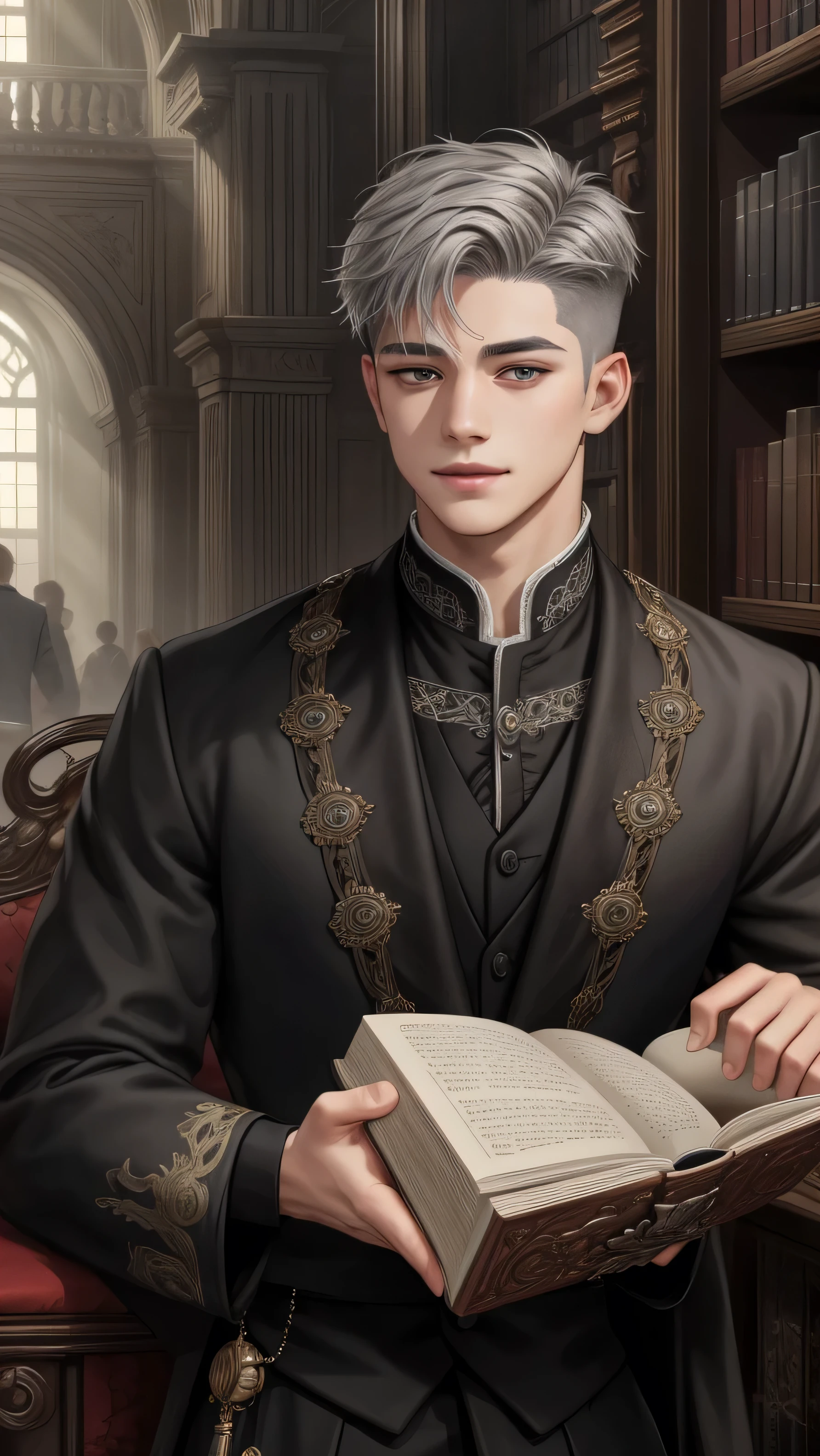 (Absurdres, Intricate Details, Masterpiece, Best Quality, High Resolution, 8k), 1 male, masculine, young, aged up, dreadful, finely detailed eyes and face, gray short back and sides hair, black eyes, portrait, looking at crowd, solo, (full body:0.6), detailed background, (RootsBranchesAI theme:1.1) glowing eyes, gentle smile, reading book, library background, reading old book,