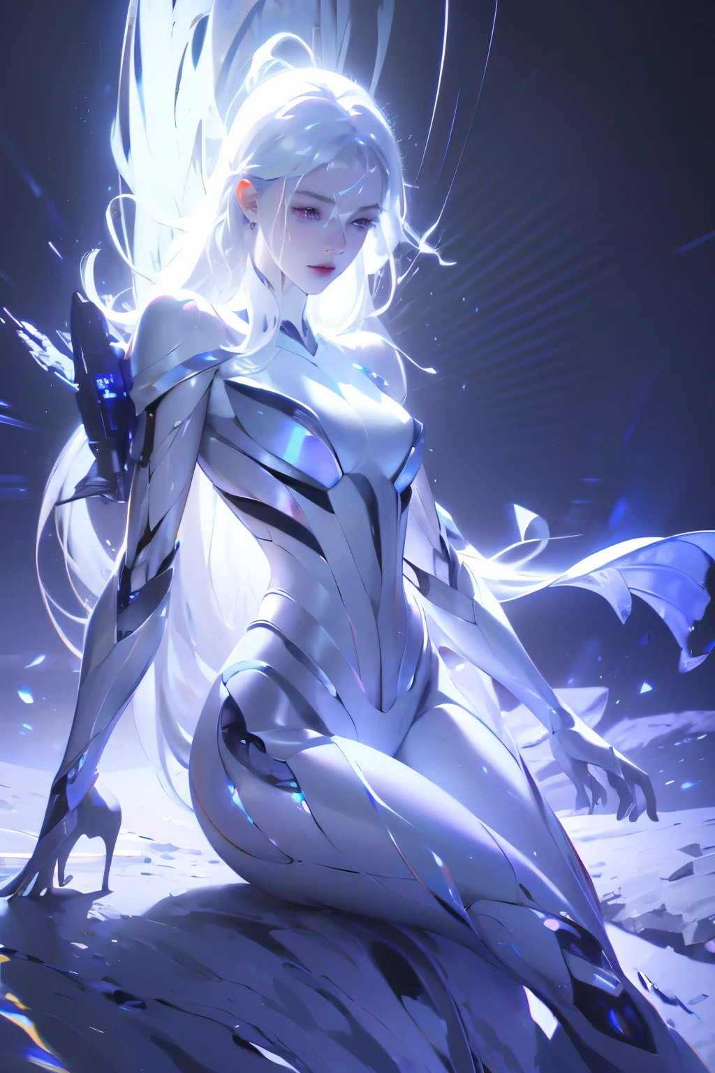 ((girl, Mecha)), Glowing eyes, Delicate face, Damaged Armor, Mechanical aura, Mechanical arm, White hair, Long hair, Ceramic body, Thigh clearance, Small breasts, Network Background, Very nice city, (translucent, Reflective Skin), 8k, best quality, Super detailed, (Surrealism: 1.4),  