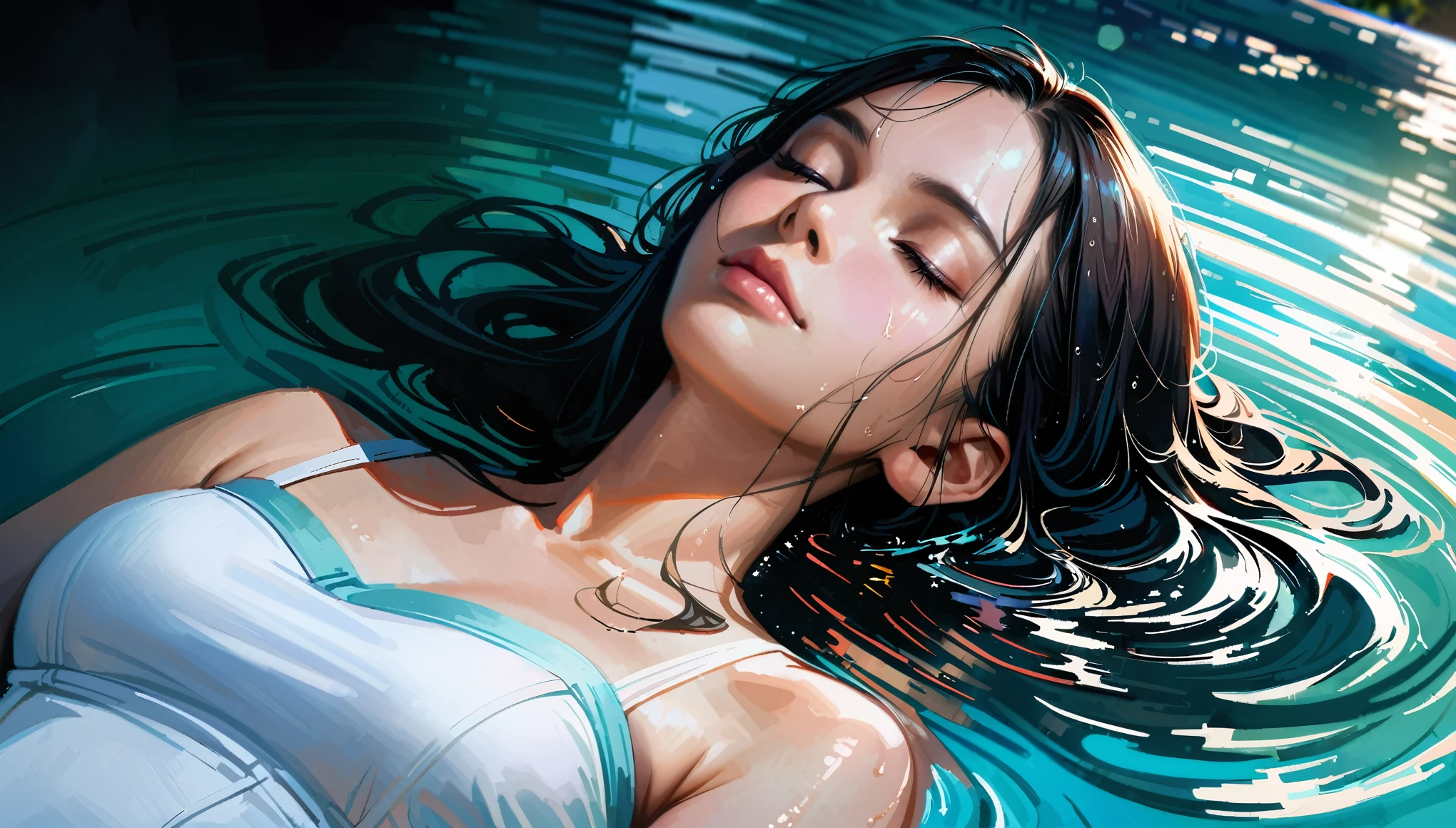 (realistic,photorealistic),(best quality,4k,8k,highres,masterpiece:1.2), (full silhuette), full body portrait of a woman lying on her back on the water and floating on the surface of the water, lies on the surface of the water, head tilted back, wet hair floating on the surface of the water, eyes closed,peace and tranquility,medium:oil painting,soft and gentle brushstrokes,calming blue tones,subtle reflections,dreamlike atmosphere,detailed facial features,long wavy hair flowing,serene expression,gentle ripples on the water,light rays shining through,subtle shimmer and sparkle,slight distortion in the water,harmonious composition