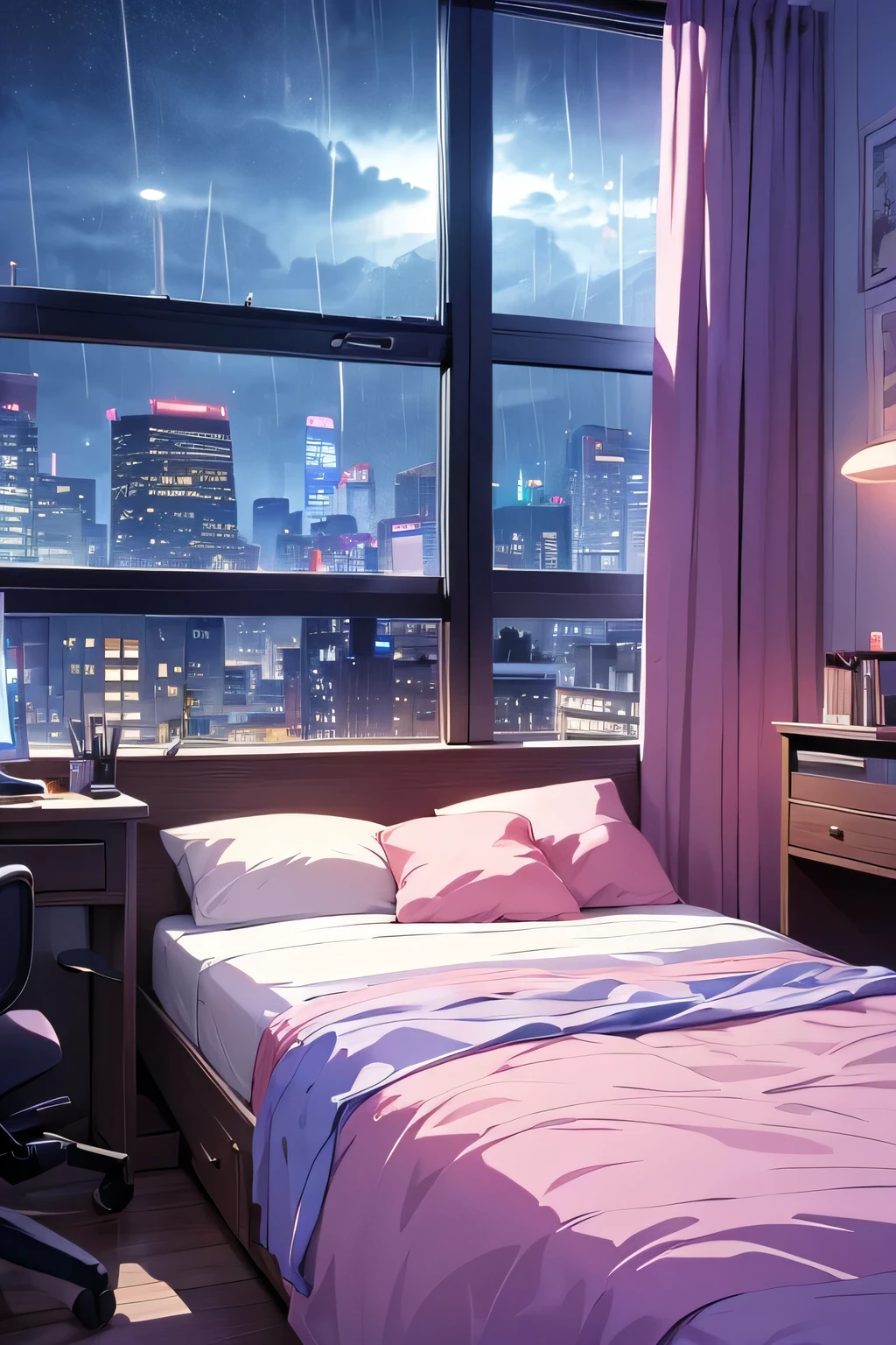 anime style bedroom with computer in front of large window, city view, rain, decorations on wall, unmade bed, anime style, desk with computer, lots of detail, unattended, no character dim room at night, purples, pinks, blues