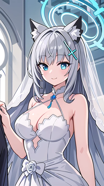 shiroko_bluearchive,beast ears,looking at viewer, little smile,pure white wedding dress, wedding ceremony, slim, dizzy, big-chest, wide hips, perfect waist, day atmosphere, hair ornament, standing, upper body,
