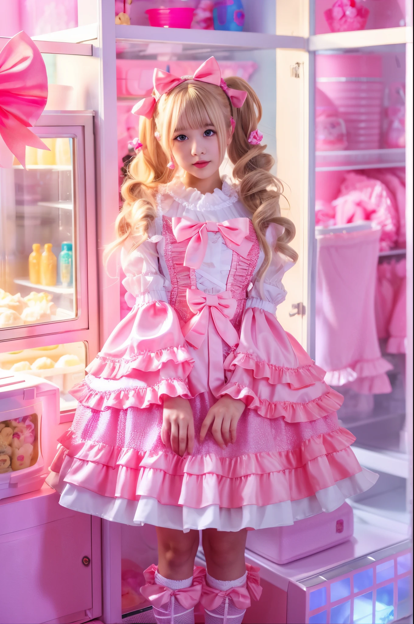 Blonde girl in pink satIn a dress standing in front of pink fridge, Rococo silk satin ruffle dress, ta Style, Magical Loliirl Portrait, Lolita Fon, Cute as an angel, Belle Delphine, Rococo Dress, In a dress, magical girl style, ビクトリア朝のゴシックLolita Fashion, Portrait of a Radical Lolita Girl,me barbie doll, Anime Girl Cosplay,
