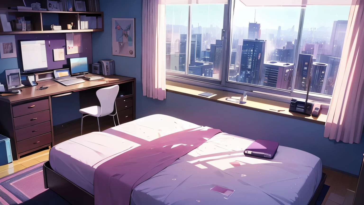 anime style bedroom with computer in front of large window, city view, rain, decorations on wall, unmade bed, anime style, desk with computer, lots of detail, unattended, no character dim room at night, purples, pinks, blues