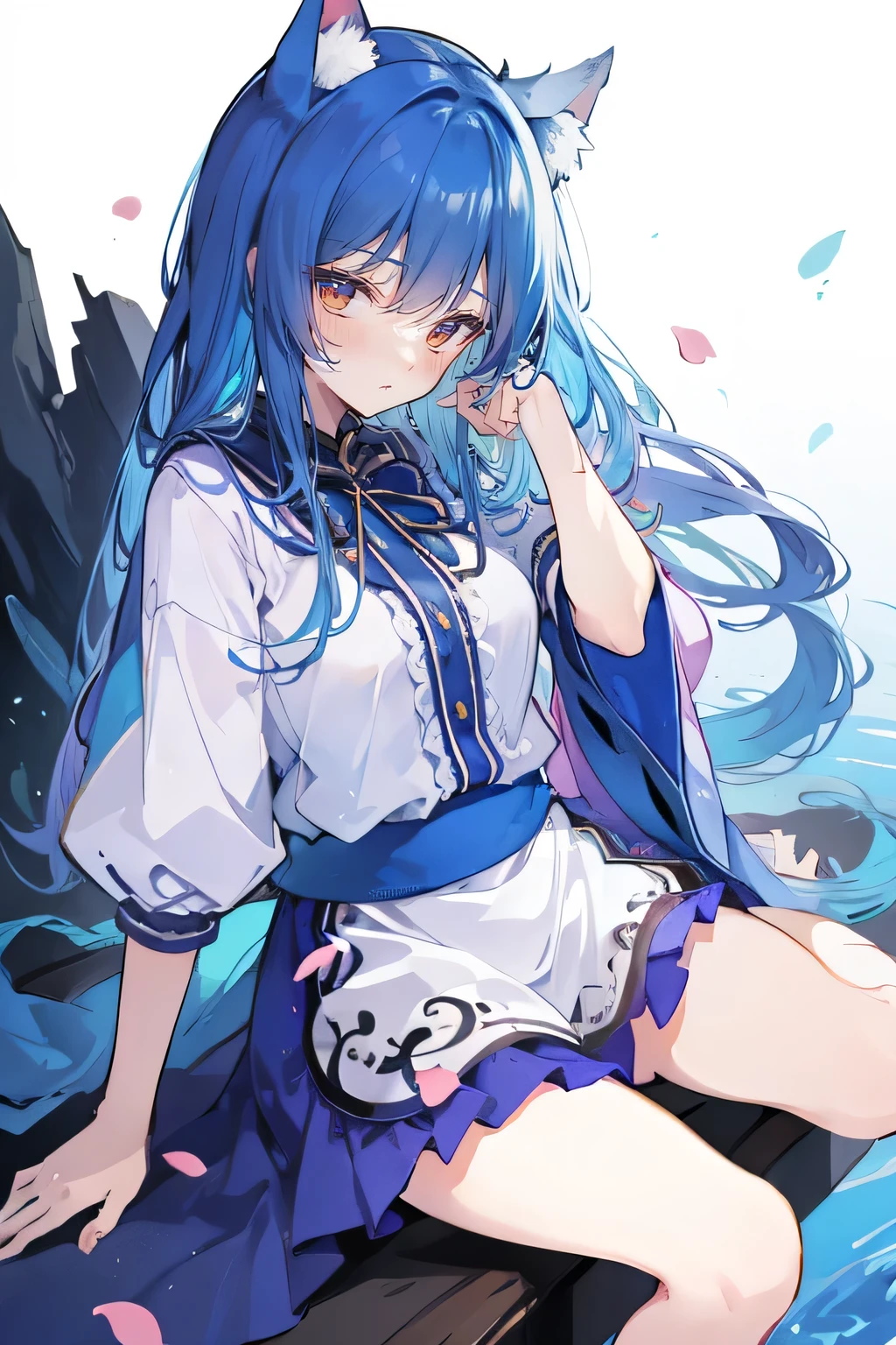 (masterpiece:1.2),ultra-detailed,realistic,expressive eyes,fair-skinned,perfectly shaped face,1girl,
Japanese cartoons,Gorgeous blue hair, flowing blue hair,floating clothes,cat ears,petals falling,beautiful Lola,Hina Angel,
hands on waist,gracefully sitting on the ground,legs crossed,gentle and serene background,cool and comfortable pavilion,shy face ,night .