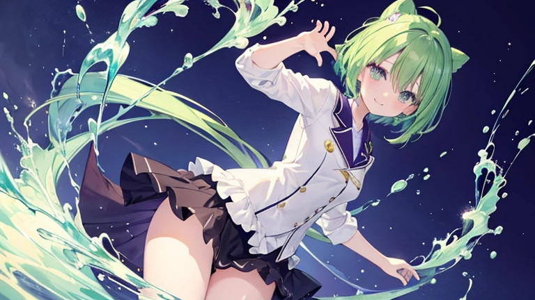super girl elementary school student, masterpiece, highest quality、space background、green hair、bob cut with trimmed ends、flat chest、thin crotch、belly button、white cloak with pink pattern、pointed nipples、white panties、(((sleep)))、transparent clothes、((White semen drips from the crotch))、(((masturbation)))、white beret、puddle at your feet、Trembling with sexual climax、A lot of pink hearts pop out from the crotch..、protruding chest、(((put your hand inside your pants)))、Enhance contrast、sharp lines、Extremely precise depiction、drool from the mouth