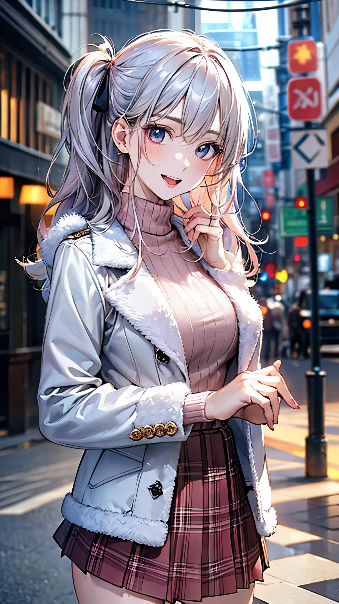 (masterpiece:1.2, top-quality), (realistic, photorealistic:1.4), beautiful illustration, (natural side lighting, movie lighting), nsfw,
looking at viewer, 1 girl, japanese, high school girl, perfect face, cute and symmetrical face, shiny skin,
(middle hair:1.5, (two side up:1.2), silver hair), hair between eyes, big eyes, blue eyes, long eye lasher, (medium breasts), slender, dark red hair ribbon,
beautiful hair, beautiful face, beautiful detailed eyes, beautiful clavicle, beautiful body, beautiful chest, beautiful thigh, beautiful legs, beautiful fingers,
((white fur jacket, pink sweater, burberry check mini skirt)),
(beautiful scenery), evening, (street), standing, , (lovely smile, open mouth),