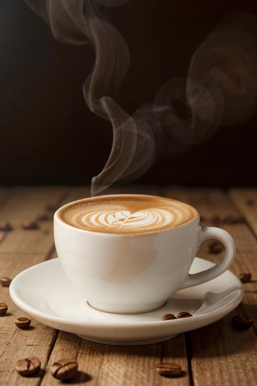 white cup of hot coffee and NATURAL COFFEE background with natural coffee boken effect, RESOLUCION de 300 ppp