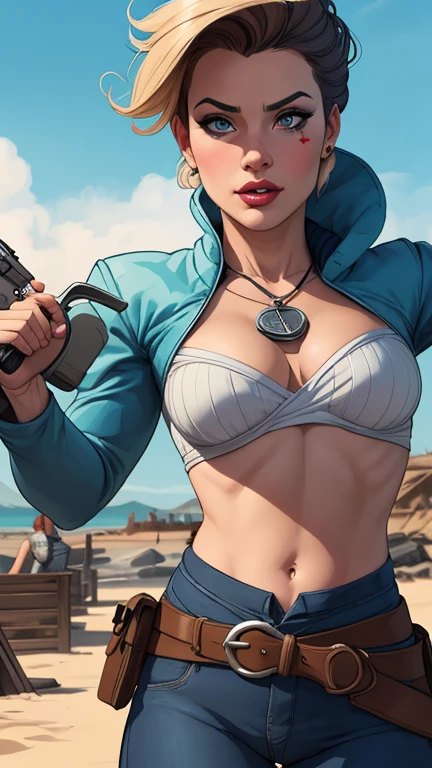 Woman character jeday style warrior armed with a 38 revolver western style atompunk Fallout 4 Jennifer Connelly le with marks of war Cartoon image of a woman .Ilustra??o estilo desenho animado, estilo de arte dos desenhos animados, estilo de arte dos desenhos animados, digital illustration style, estilo atompunk design de personagens altamente detalhado, arte digital detalhada coragem, Forest fan art, Design de personagens de retrato, beautiful digital illustration, retrato de alta qualidade, Arte em quadrinhos, mulher jovem cabelo com transas lindas . Queen Anna of ArendelleBeautiful lined eyes Medium large bust and wonderful sexy clothes. image expression of sexual desire from waist to head illustration Queen Anne of Arendelle atompunk style Fallout 4 The perspective is from below, enfatizando a majestade e o poder da Gigante." armed with a 38 revolver western style with a 38 revolver in her hands jeday style warrior in summer clothes on the beach