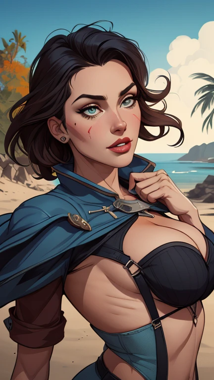 Female GTA style character jeday style warrior armed with a .38 revolver western style atompunk Fallout 4 monica Bellucci le with war marks Cartoon image of a woman .Ilustra??o estilo desenho animado, estilo de arte dos desenhos animados, estilo de arte dos desenhos animados, digital illustration style, estilo atompunk design de personagens altamente detalhado, arte digital detalhada coragem, Forest fan art, Design de personagens de retrato, beautiful digital illustration, retrato de alta qualidade, Arte em quadrinhos, mulher jovem cabelo com transas lindas . Queen Anna of ArendelleBeautiful lined eyes Medium large bust and wonderful sexy clothes. image expression of sexual desire from waist to head illustration Queen Anne of Arendelle atompunk style Fallout 4 The perspective is from below, enfatizando a majestade e o poder da Gigante." armed with a 38 western style revolver with a 38 revolver in her hands jeday style warrior in summer clothes on the beach GTA style