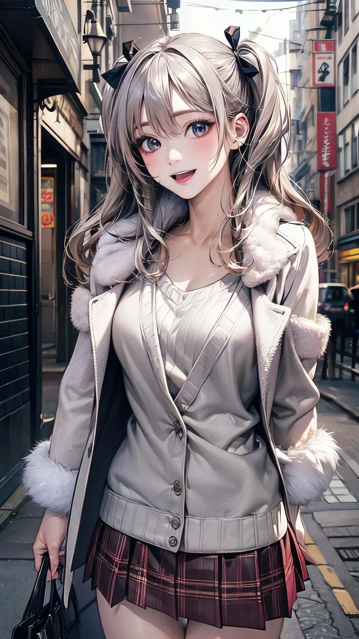 (masterpiece:1.2, top-quality), (realistic, photorealistic:1.4), beautiful illustration, (natural side lighting, movie lighting), nsfw,
looking at viewer, 1 girl, japanese, high school girl, perfect face, cute and symmetrical face, shiny skin,
(middle hair:1.5, (two side up:1.2), silver hair), hair between eyes, big eyes, blue eyes, long eye lasher, (medium breasts), slender, dark red hair ribbon,
beautiful hair, beautiful face, beautiful detailed eyes, beautiful clavicle, beautiful body, beautiful chest, beautiful thigh, beautiful legs, beautiful fingers,
((white fur jacket, pink sweater, burberry check mini skirt)),
(beautiful scenery), evening, (street), standing, , (lovely smile, open mouth),