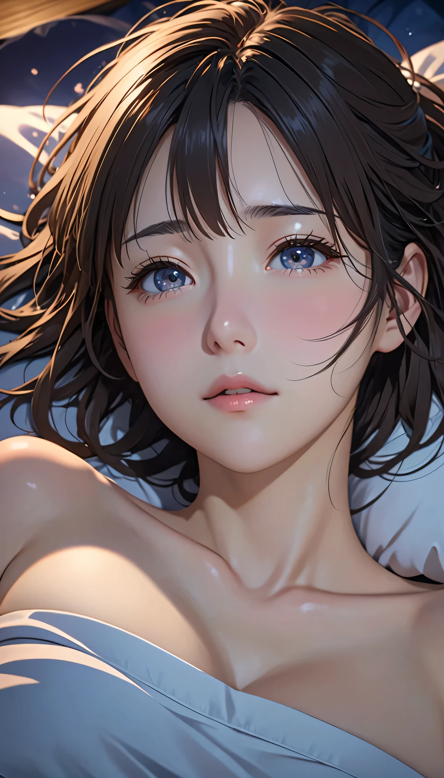 masterpiece, High resolution, figure, Kyoto Animation Style, Your Name Movie Style, night, mid-night, Light, (1girl:1.3), (alone:1.4), Long eyelashes, messy hair, medium hair, futon, Lying down, face close-up, covering chest by hand, (((in heat, aroused, wishful))), ideal ratio body proportions, sagging breasts, from above, looking up at viewer, {{{{vulgarity}}}}