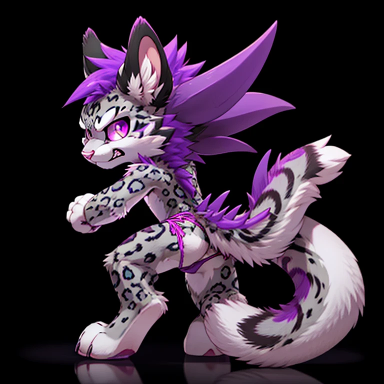 Anthropomorphic male snow leopard, with purple eyes, pink nose, 4 black ears, purple spikes on back, purple horns, with a red third eye, wearing panties, full body view, in a fighting pose, ready to fight, with an angry, black background, digital art, solo, different views, with spiked tail
