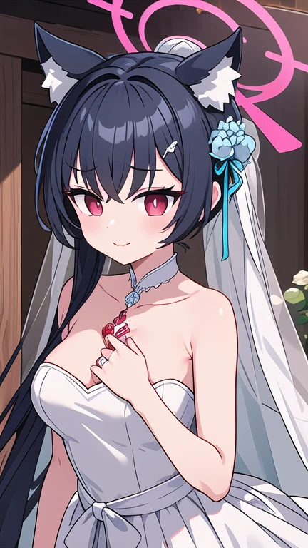 serika_bluearchive,cat ears,looking at viewer, little smile, wedding dress, wedding ceremony, slim, dizzy, big-chest, wide hips, perfect waist, day atmosphere, hair ornament, standing, upper body,