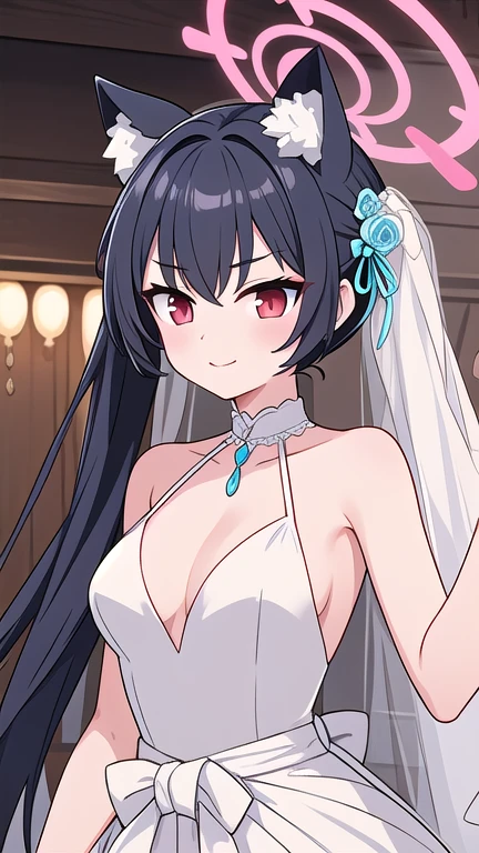 serika_bluearchive,cat ears,looking at viewer, little smile, wedding dress, wedding ceremony, slim, dizzy, big-chest, wide hips, perfect waist, day atmosphere, hair ornament, standing, upper body,